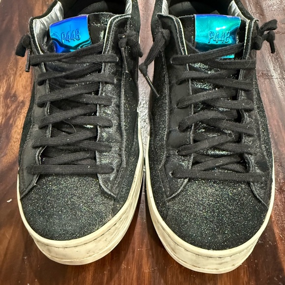 P448 Shoes - P448 Black Glitter Low-Top Sneakers with Iridescent Blue Tongue